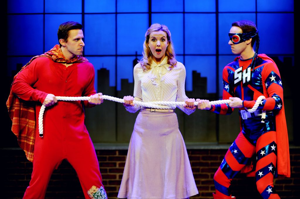 There's a tug of war with a woman in the middle in CLO Cabaret's 'Up and Away.' (l. to r.) Michael Greer, Erika Strasburg, and John Wascavage. Photo: Matt Polk.