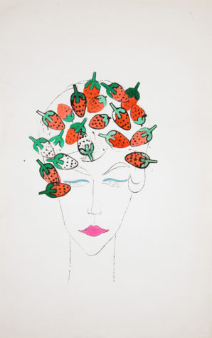 The Beatles could have written a song about this illustration of the girl with strawberry stamped hair. Andy Warhol, Woman (with Strawberry Stamps), 1950s, The Andy Warhol Museum, Pittsburgh, © The Andy Warhol Foundation for the Visual Arts, Inc.