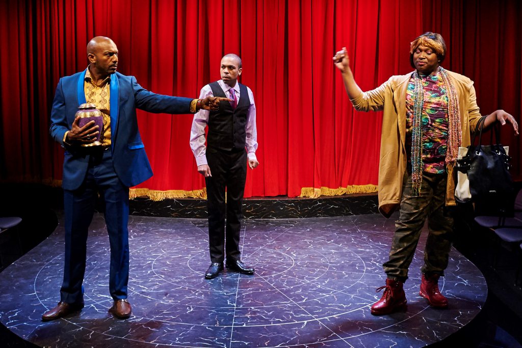 A scene from City Theatre's 'Wild with Happy' with Corey Jones as Gil, Jason Shavers as Terry, Monteze, and Freeland as Mo. photos: Kristi Jan Hoover