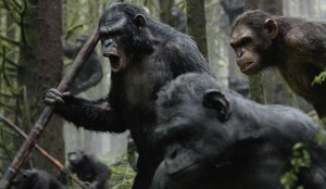 Koba (Toby Kebbell, left) is the kind of ape who screams loudly and carries a big stick. 