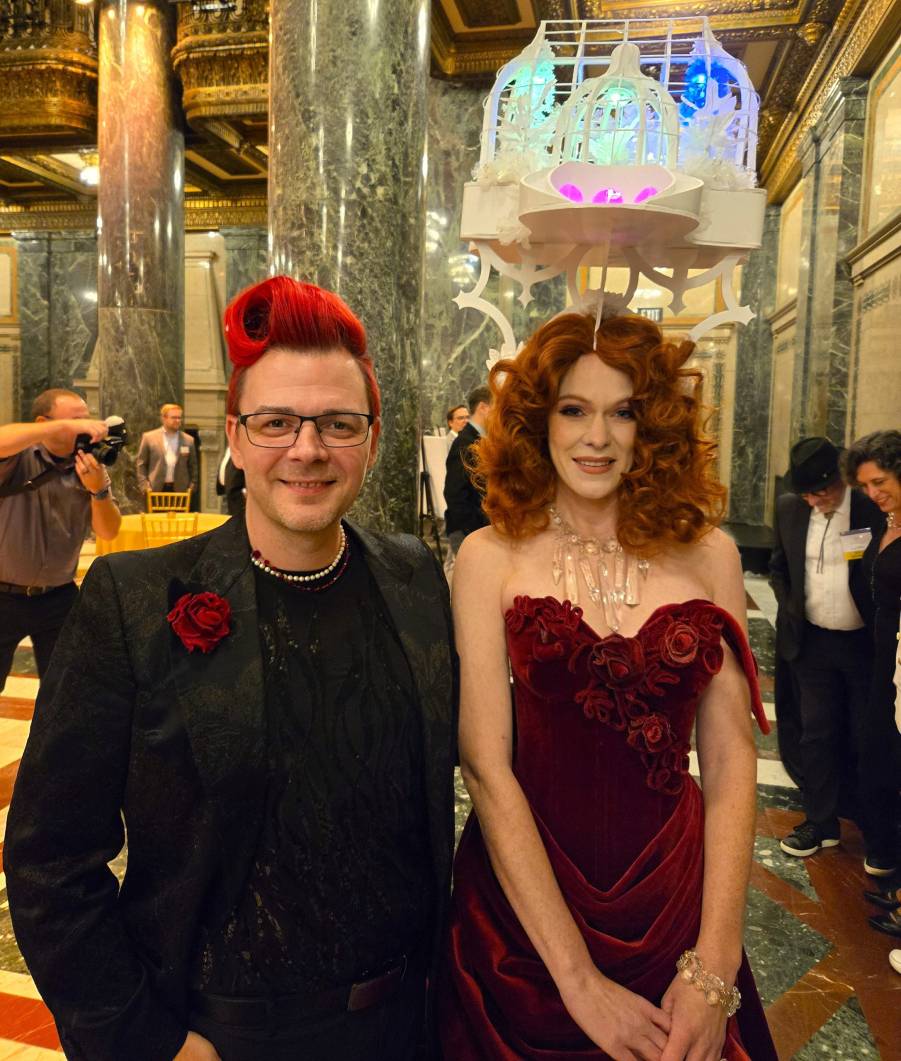 The lady in red (Joanna Wentling) and her matching designer (Brian David).