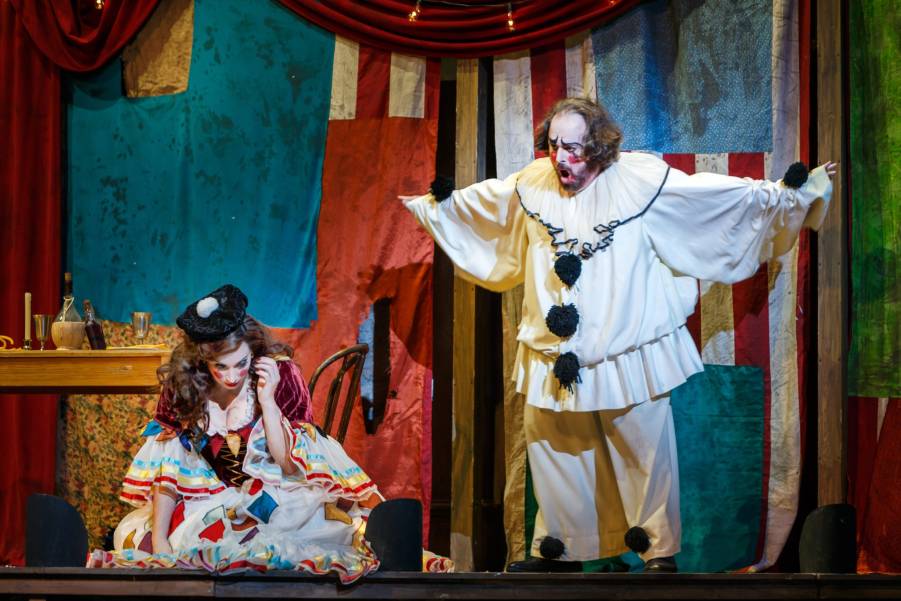 Canio (Jonathan Burton) lashes out at Nedda (Caitlin Gotimer) in Pittsburgh Opera's 'Pagliacci.' (Photo: David Bachman Photography for Pittsburgh Opera)