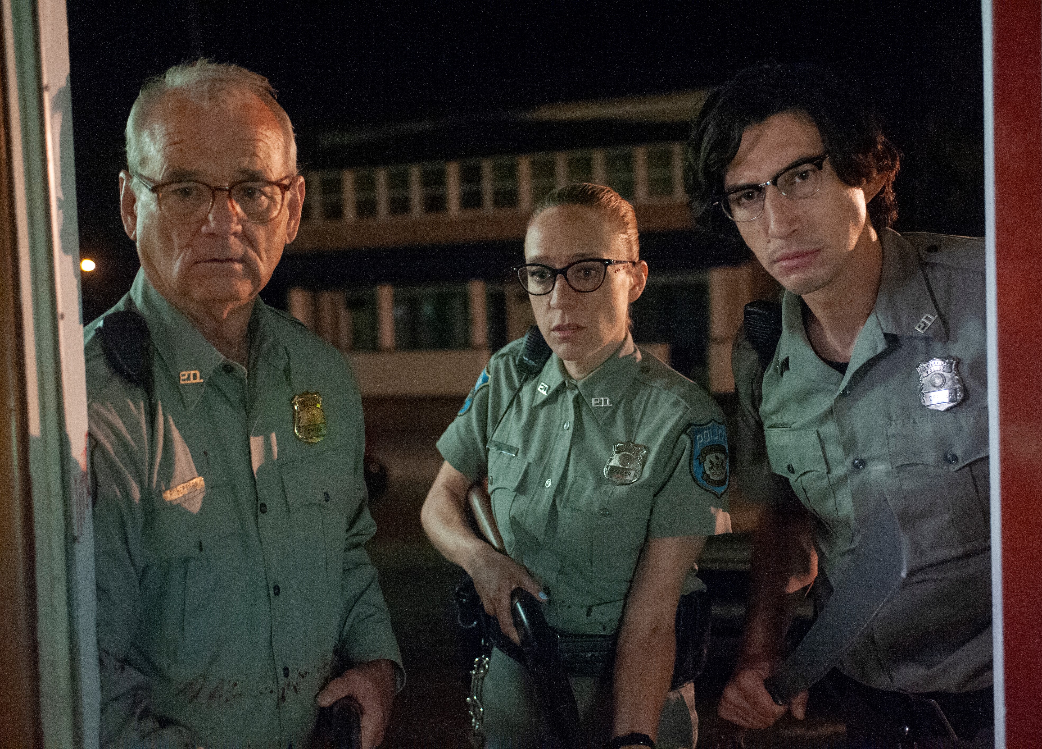 In 'The Dead Don't Die' (l. to r.) Centerville's Police Department is composed of Bill Murray as Officer Cliff Robertson, Chloë Sevigny as Officer Minerva Morrison and Adam Driver as Officer Ronald Peterson.