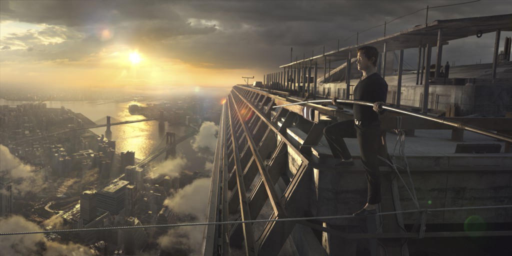 Philippe Petit (Joseph Gordon-Levitt) starting his tightrope walk between the World Trade Center towers in 'The Walk.' photo: TriStar Pictures.