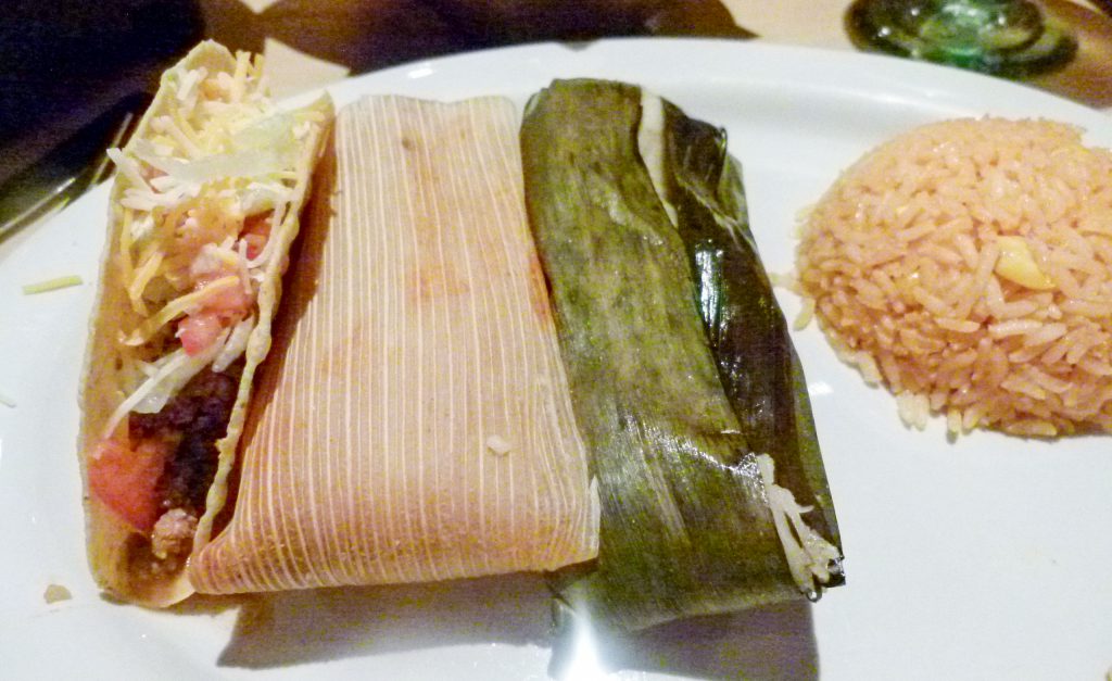 Combo plate (l. to r.) beef taco, northern tamale, southern tamale, fiesta rice.
